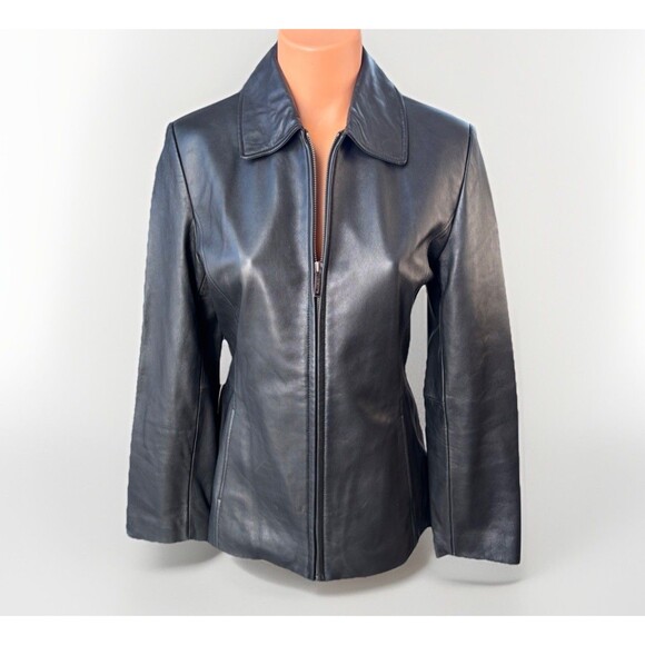 Liz Claiborne Black Leather Jacket Size MP Medium Petite Full Zip - Picture 1 of 5